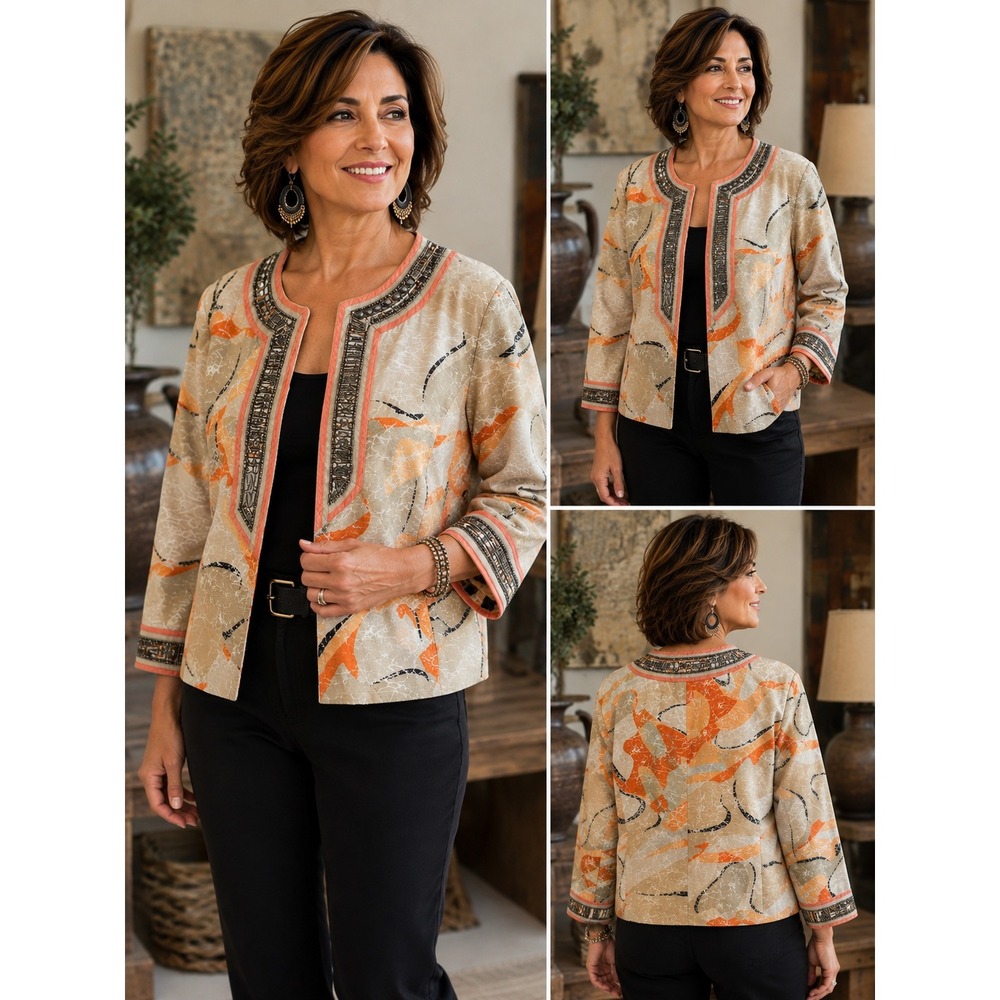 Chico's Size 2 Jacket Abstract Embellished Beaded Art to Wear Orange Black